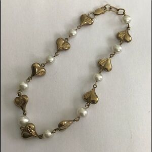Vintage 10K Gold Puffy Hearts & Pearls Bracelet
